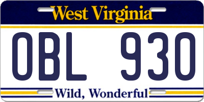 WV license plate OBL930