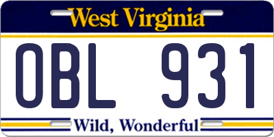 WV license plate OBL931