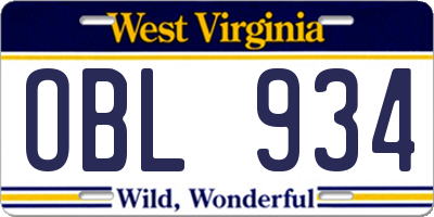 WV license plate OBL934