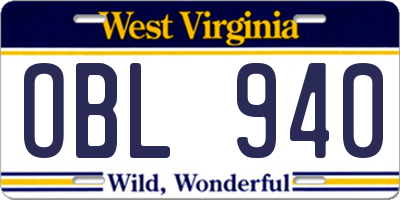 WV license plate OBL940