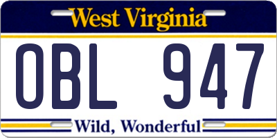 WV license plate OBL947