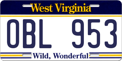 WV license plate OBL953
