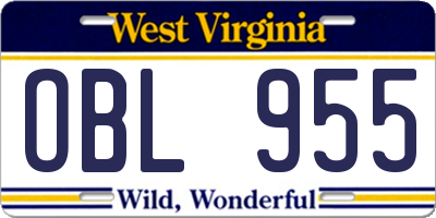 WV license plate OBL955