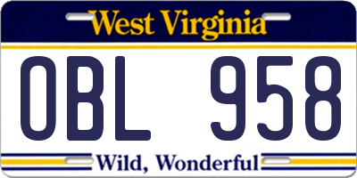 WV license plate OBL958
