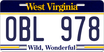 WV license plate OBL978