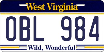 WV license plate OBL984