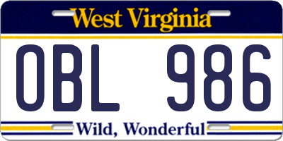 WV license plate OBL986