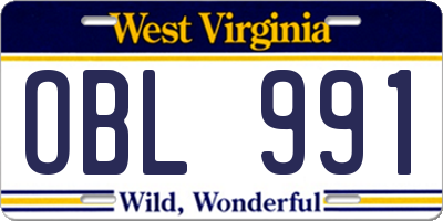 WV license plate OBL991