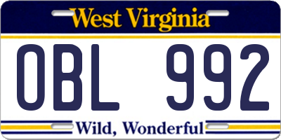 WV license plate OBL992