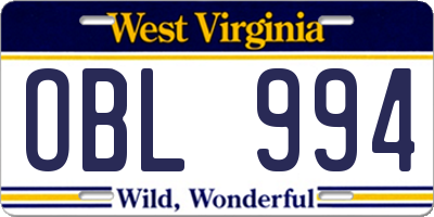 WV license plate OBL994