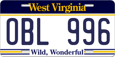 WV license plate OBL996