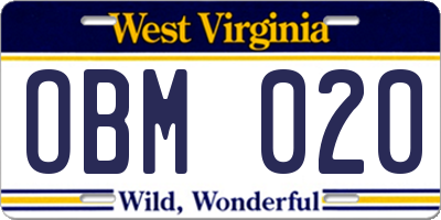 WV license plate OBM020