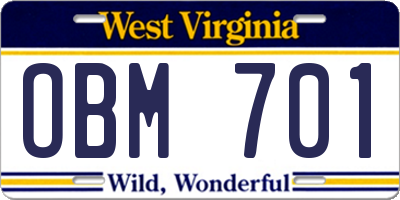WV license plate OBM701
