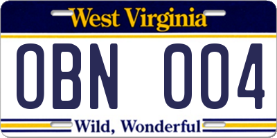 WV license plate OBN004