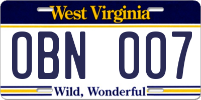 WV license plate OBN007