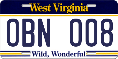 WV license plate OBN008