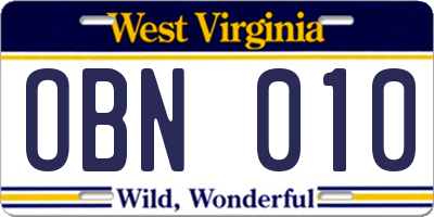 WV license plate OBN010