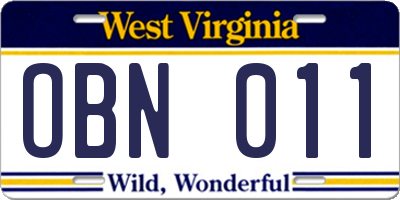 WV license plate OBN011