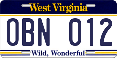 WV license plate OBN012