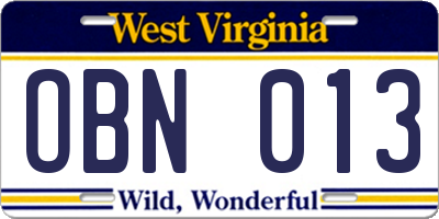 WV license plate OBN013