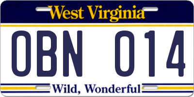 WV license plate OBN014