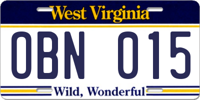 WV license plate OBN015