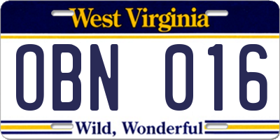 WV license plate OBN016
