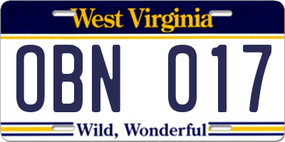 WV license plate OBN017