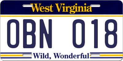 WV license plate OBN018