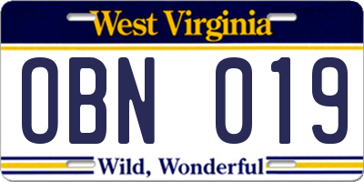WV license plate OBN019