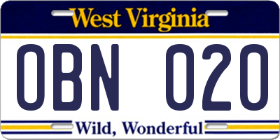 WV license plate OBN020