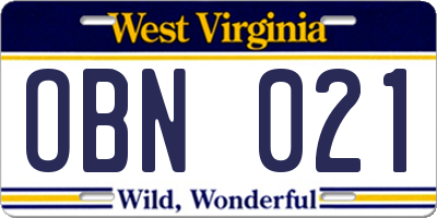 WV license plate OBN021
