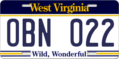 WV license plate OBN022