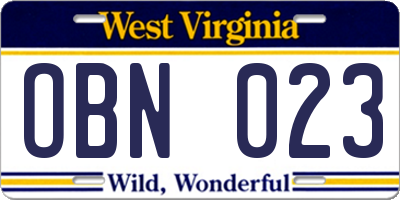 WV license plate OBN023