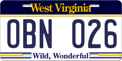 WV license plate OBN026