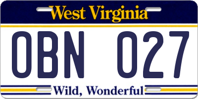 WV license plate OBN027
