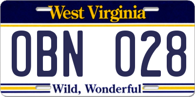 WV license plate OBN028