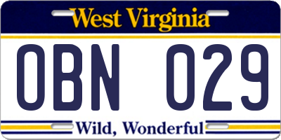 WV license plate OBN029