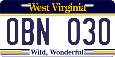 WV license plate OBN030