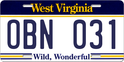 WV license plate OBN031