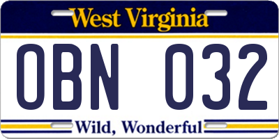 WV license plate OBN032
