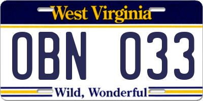 WV license plate OBN033