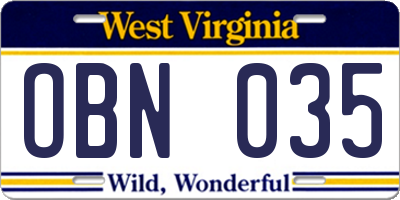 WV license plate OBN035