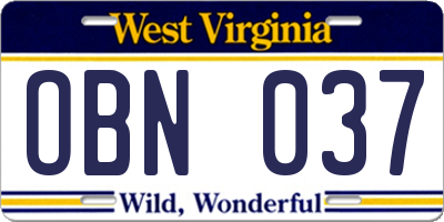 WV license plate OBN037