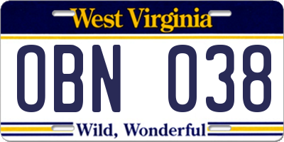 WV license plate OBN038