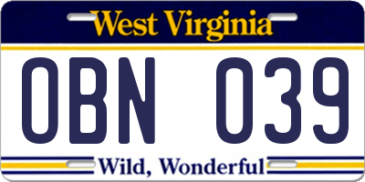 WV license plate OBN039