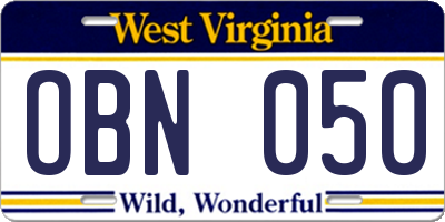 WV license plate OBN050