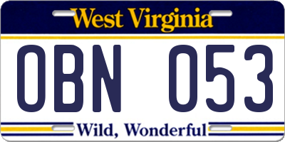 WV license plate OBN053