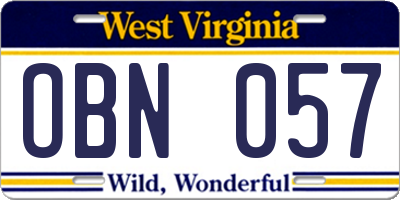 WV license plate OBN057