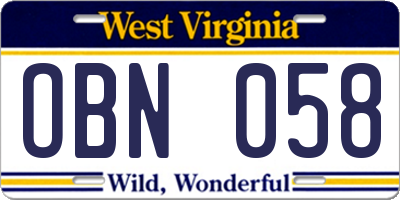 WV license plate OBN058